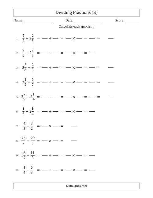 The Dividing Proper, Improper and Mixed Fractions with No Simplification (Fillable) (E) Math Worksheet