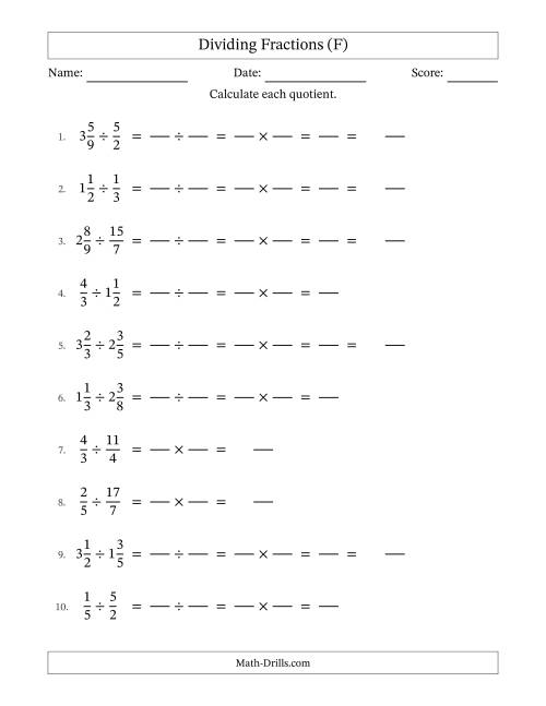 The Dividing Proper, Improper and Mixed Fractions with No Simplification (Fillable) (F) Math Worksheet