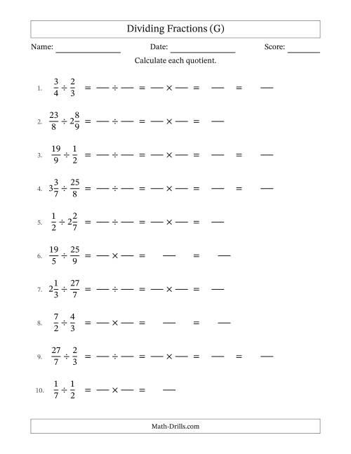 The Dividing Proper, Improper and Mixed Fractions with No Simplification (Fillable) (G) Math Worksheet
