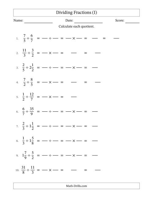 The Dividing Proper, Improper and Mixed Fractions with No Simplification (Fillable) (I) Math Worksheet