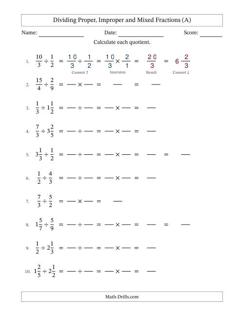 The Dividing Proper, Improper and Mixed Fractions with No Simplifying (Fillable) (All) Math Worksheet