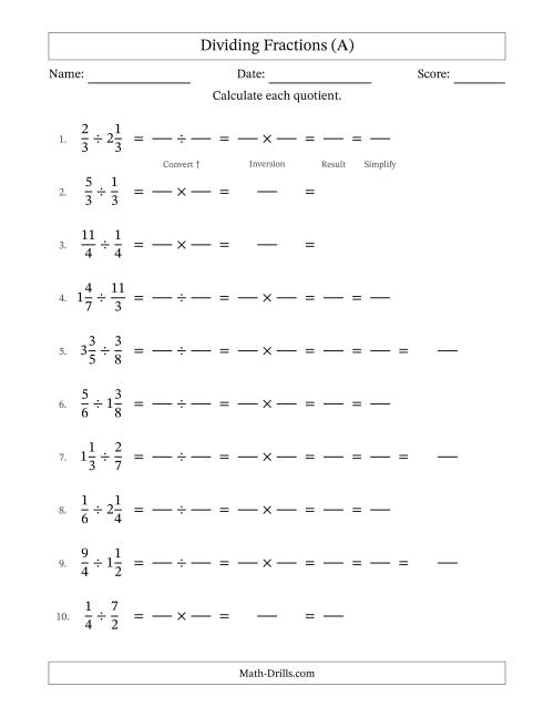 The Dividing Proper, Improper and Mixed Fractions with All Simplifying (Fillable) (A) Math Worksheet