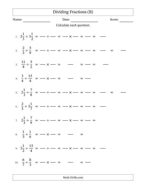 The Dividing Proper, Improper and Mixed Fractions with All Simplification (Fillable) (B) Math Worksheet