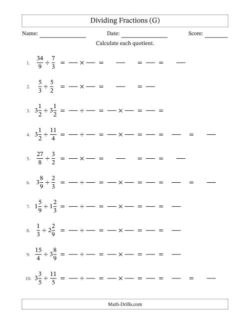The Dividing Proper, Improper and Mixed Fractions with All Simplification (Fillable) (G) Math Worksheet