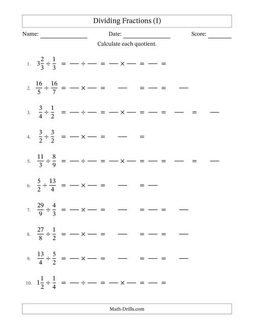 The Dividing Proper, Improper and Mixed Fractions with All Simplification (Fillable) (I) Math Worksheet