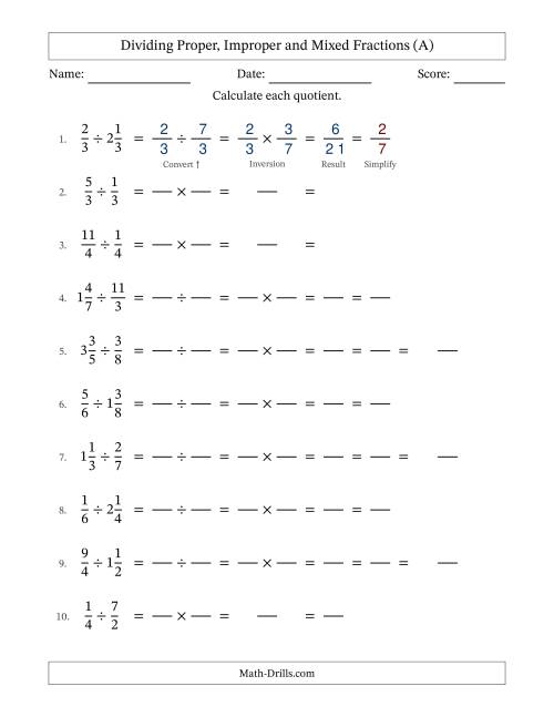 The Dividing Proper, Improper and Mixed Fractions with All Simplifying (Fillable) (All) Math Worksheet