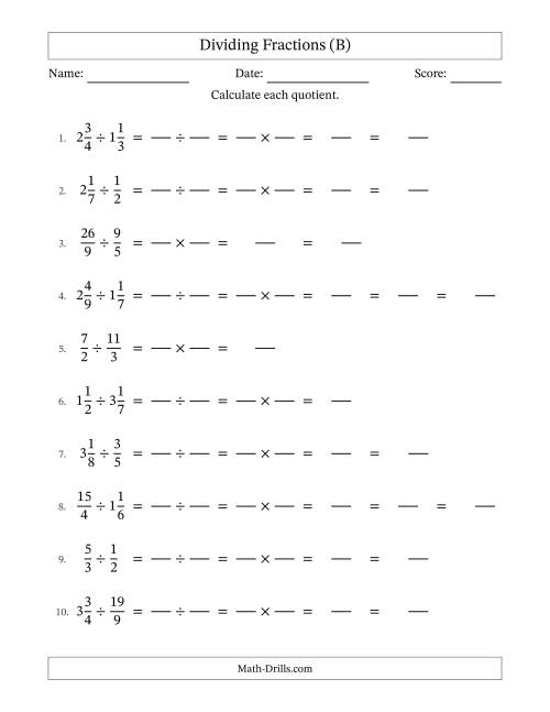 The Dividing Proper, Improper and Mixed Fractions with Some Simplification (Fillable) (B) Math Worksheet
