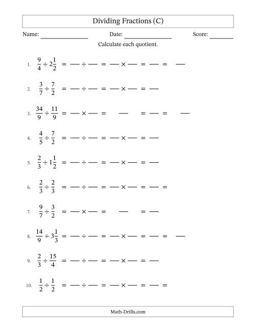 The Dividing Proper, Improper and Mixed Fractions with Some Simplification (Fillable) (C) Math Worksheet