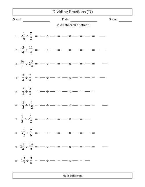 The Dividing Proper, Improper and Mixed Fractions with Some Simplification (Fillable) (D) Math Worksheet