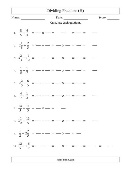 The Dividing Proper, Improper and Mixed Fractions with Some Simplification (Fillable) (H) Math Worksheet