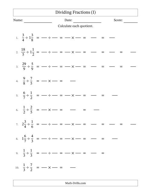 The Dividing Proper, Improper and Mixed Fractions with Some Simplification (Fillable) (I) Math Worksheet