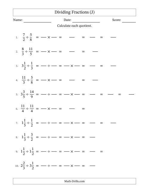 The Dividing Proper, Improper and Mixed Fractions with Some Simplification (Fillable) (J) Math Worksheet