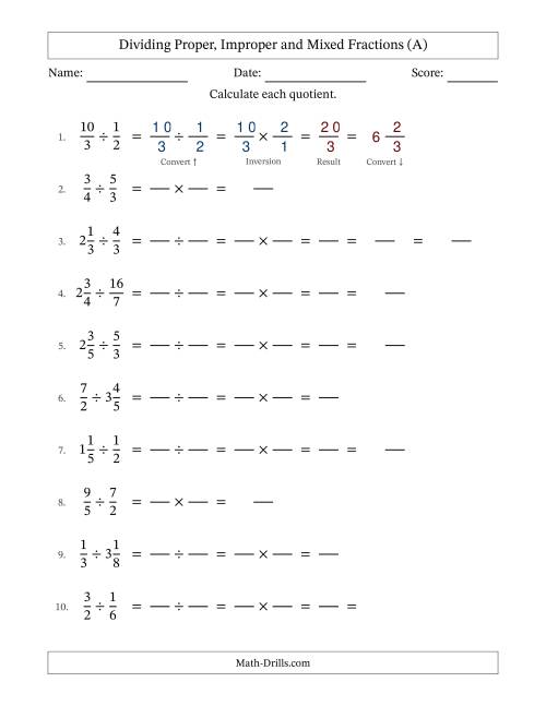 The Dividing Proper, Improper and Mixed Fractions with Some Simplifying (Fillable) (All) Math Worksheet