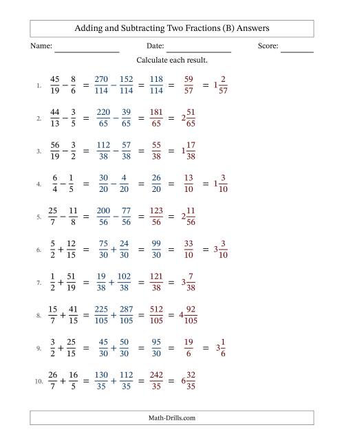 The Adding and Subtracting Proper and Improper Fractions with Unlike Denominators, Mixed Fractions Results and Some Simplifying (Fillable) (B) Math Worksheet Page 2