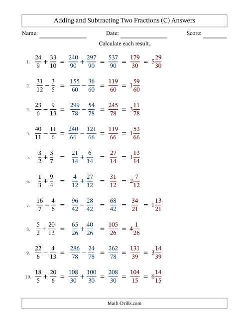 The Adding and Subtracting Proper and Improper Fractions with Unlike Denominators, Mixed Fractions Results and Some Simplifying (Fillable) (C) Math Worksheet Page 2