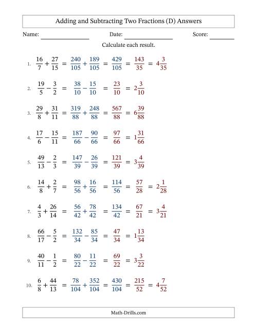 The Adding and Subtracting Proper and Improper Fractions with Unlike Denominators, Mixed Fractions Results and Some Simplifying (Fillable) (D) Math Worksheet Page 2