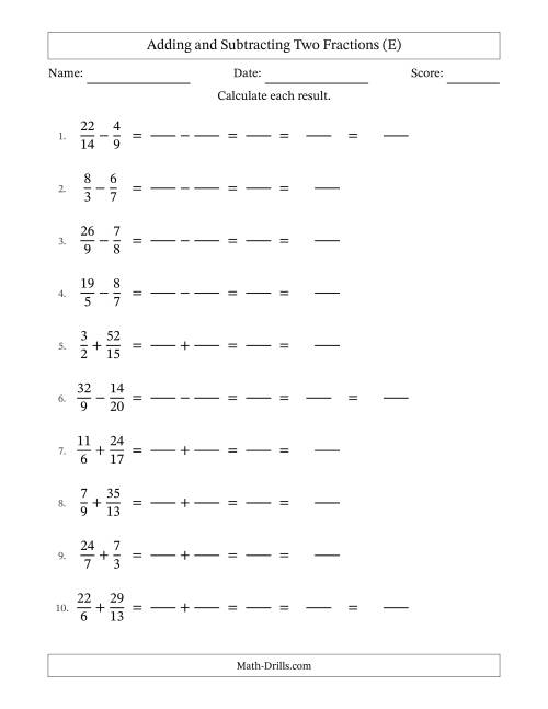 The Adding and Subtracting Proper and Improper Fractions with Unlike Denominators, Mixed Fractions Results and Some Simplifying (Fillable) (E) Math Worksheet