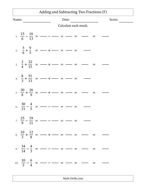 The Adding and Subtracting Proper and Improper Fractions with Unlike Denominators, Mixed Fractions Results and Some Simplifying (Fillable) (F) Math Worksheet