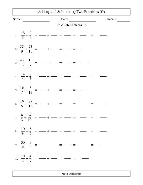 The Adding and Subtracting Proper and Improper Fractions with Unlike Denominators, Mixed Fractions Results and Some Simplifying (Fillable) (G) Math Worksheet