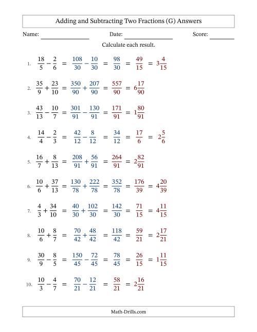 The Adding and Subtracting Proper and Improper Fractions with Unlike Denominators, Mixed Fractions Results and Some Simplifying (Fillable) (G) Math Worksheet Page 2