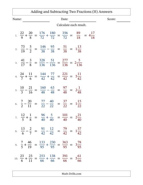 The Adding and Subtracting Proper and Improper Fractions with Unlike Denominators, Mixed Fractions Results and Some Simplifying (Fillable) (H) Math Worksheet Page 2