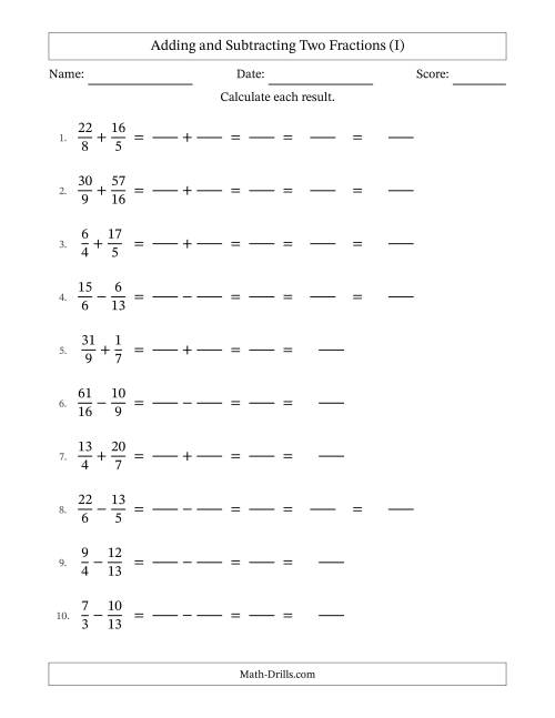 The Adding and Subtracting Proper and Improper Fractions with Unlike Denominators, Mixed Fractions Results and Some Simplifying (Fillable) (I) Math Worksheet