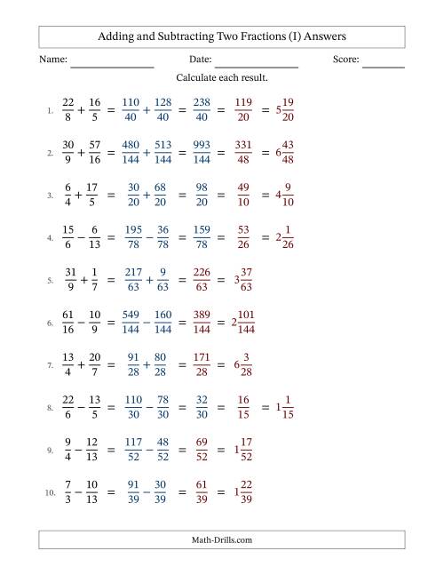 The Adding and Subtracting Proper and Improper Fractions with Unlike Denominators, Mixed Fractions Results and Some Simplifying (Fillable) (I) Math Worksheet Page 2