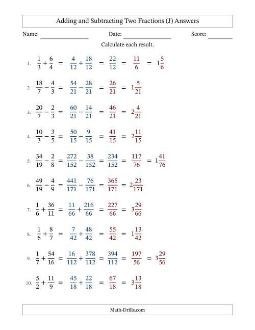 The Adding and Subtracting Proper and Improper Fractions with Unlike Denominators, Mixed Fractions Results and Some Simplifying (Fillable) (J) Math Worksheet Page 2