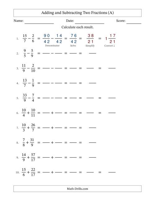 The Adding and Subtracting Proper and Improper Fractions with Unlike Denominators, Mixed Fractions Results and Some Simplifying (Fillable) (All) Math Worksheet