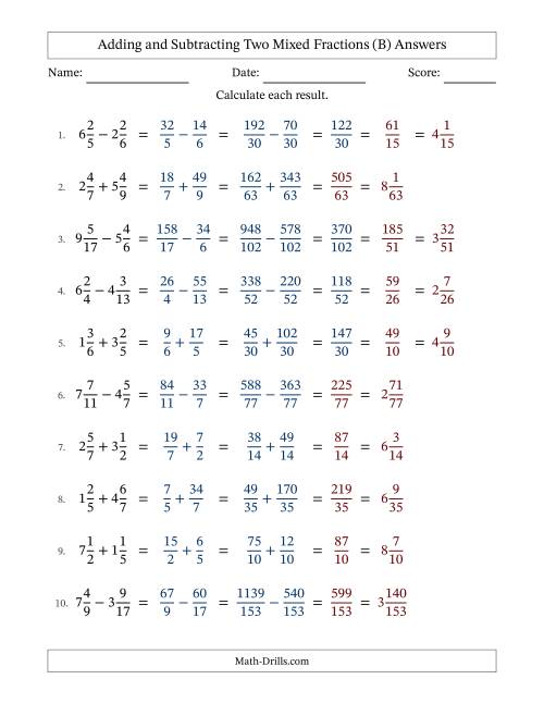 The Adding and Subtracting Two Mixed Fractions with Unlike Denominators, Mixed Fractions Results and Some Simplifying (Fillable) (B) Math Worksheet Page 2