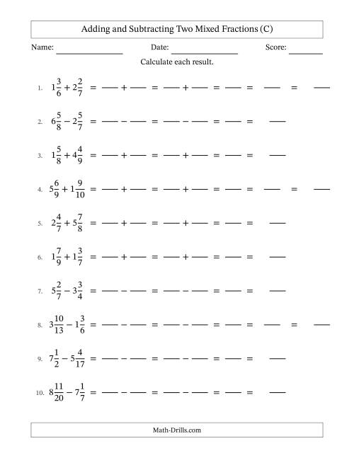 The Adding and Subtracting Two Mixed Fractions with Unlike Denominators, Mixed Fractions Results and Some Simplifying (Fillable) (C) Math Worksheet