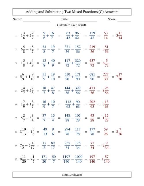 The Adding and Subtracting Two Mixed Fractions with Unlike Denominators, Mixed Fractions Results and Some Simplifying (Fillable) (C) Math Worksheet Page 2