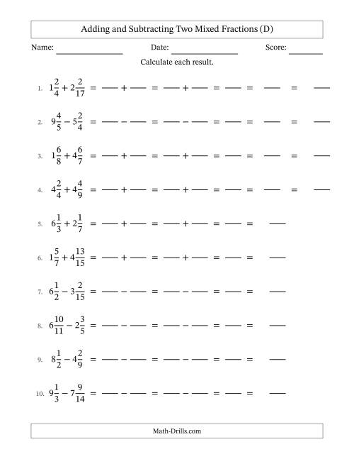 The Adding and Subtracting Two Mixed Fractions with Unlike Denominators, Mixed Fractions Results and Some Simplifying (Fillable) (D) Math Worksheet