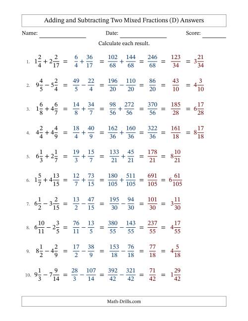 The Adding and Subtracting Two Mixed Fractions with Unlike Denominators, Mixed Fractions Results and Some Simplifying (Fillable) (D) Math Worksheet Page 2