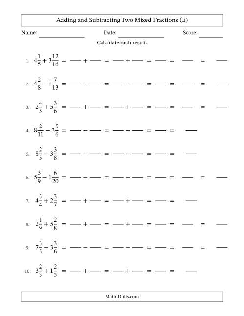 The Adding and Subtracting Two Mixed Fractions with Unlike Denominators, Mixed Fractions Results and Some Simplifying (Fillable) (E) Math Worksheet