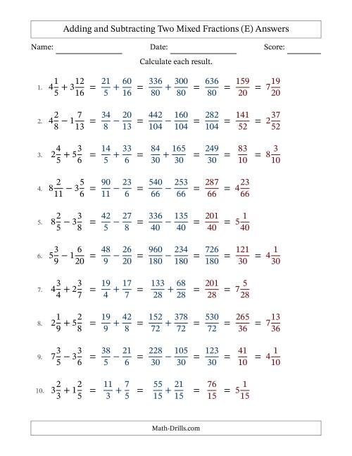The Adding and Subtracting Two Mixed Fractions with Unlike Denominators, Mixed Fractions Results and Some Simplifying (Fillable) (E) Math Worksheet Page 2