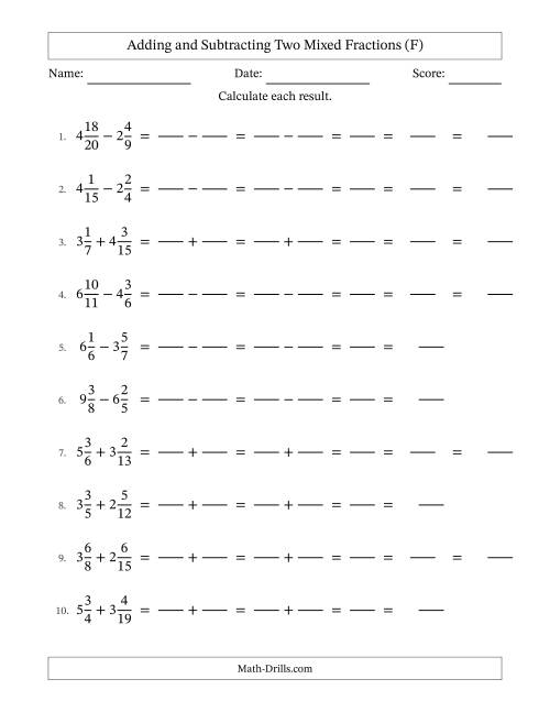 The Adding and Subtracting Two Mixed Fractions with Unlike Denominators, Mixed Fractions Results and Some Simplifying (Fillable) (F) Math Worksheet