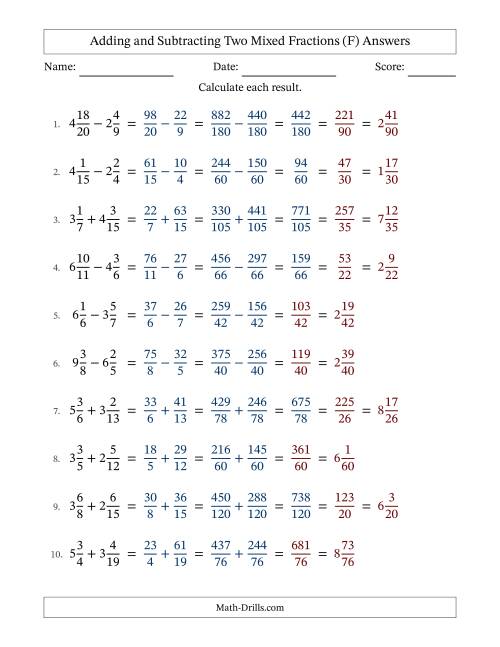The Adding and Subtracting Two Mixed Fractions with Unlike Denominators, Mixed Fractions Results and Some Simplifying (Fillable) (F) Math Worksheet Page 2