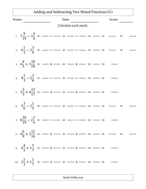 The Adding and Subtracting Two Mixed Fractions with Unlike Denominators, Mixed Fractions Results and Some Simplifying (Fillable) (G) Math Worksheet