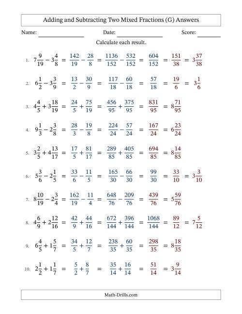 The Adding and Subtracting Two Mixed Fractions with Unlike Denominators, Mixed Fractions Results and Some Simplifying (Fillable) (G) Math Worksheet Page 2