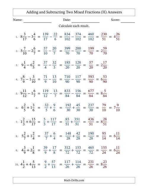 The Adding and Subtracting Two Mixed Fractions with Unlike Denominators, Mixed Fractions Results and Some Simplifying (Fillable) (H) Math Worksheet Page 2