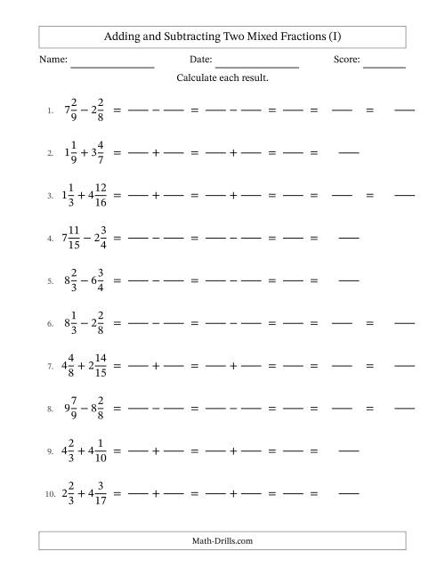 The Adding and Subtracting Two Mixed Fractions with Unlike Denominators, Mixed Fractions Results and Some Simplifying (Fillable) (I) Math Worksheet
