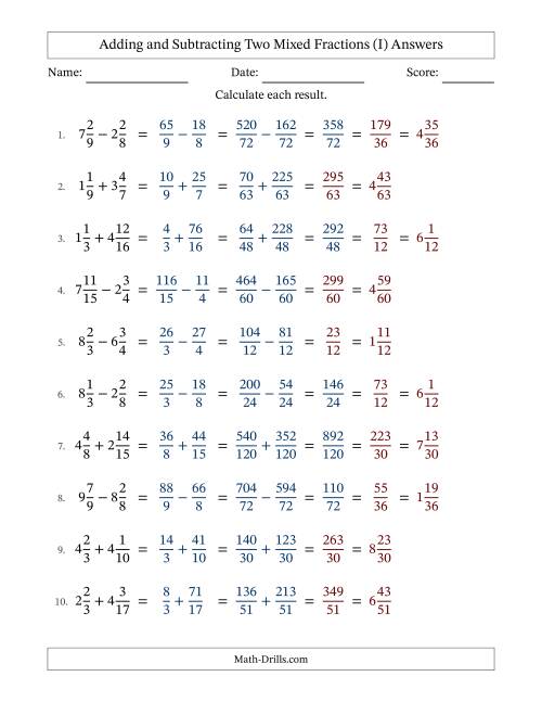 The Adding and Subtracting Two Mixed Fractions with Unlike Denominators, Mixed Fractions Results and Some Simplifying (Fillable) (I) Math Worksheet Page 2