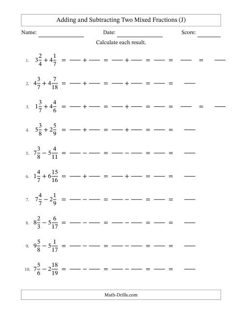 The Adding and Subtracting Two Mixed Fractions with Unlike Denominators, Mixed Fractions Results and Some Simplifying (Fillable) (J) Math Worksheet