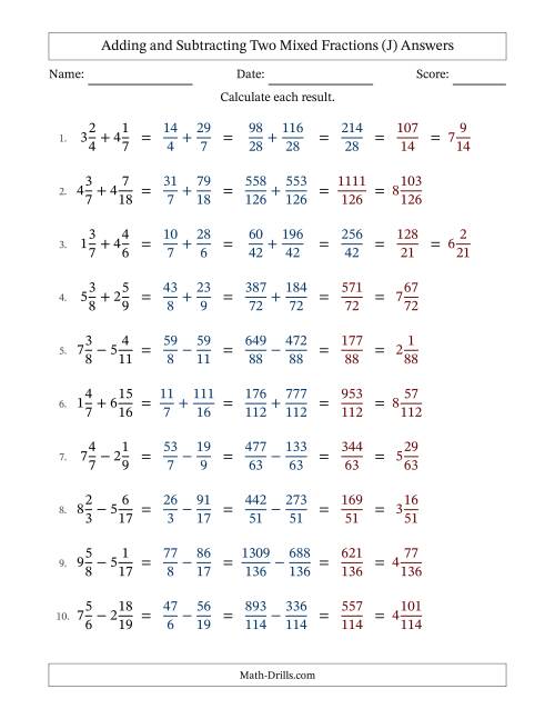The Adding and Subtracting Two Mixed Fractions with Unlike Denominators, Mixed Fractions Results and Some Simplifying (Fillable) (J) Math Worksheet Page 2