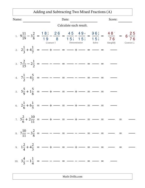 The Adding and Subtracting Two Mixed Fractions with Unlike Denominators, Mixed Fractions Results and Some Simplifying (Fillable) (All) Math Worksheet