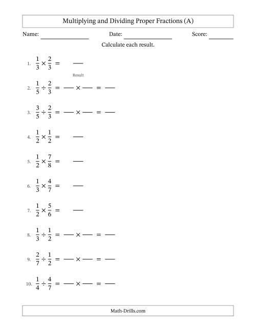 The Multiplying and Dividing Proper Fractions with No Simplifying (Fillable) (A) Math Worksheet