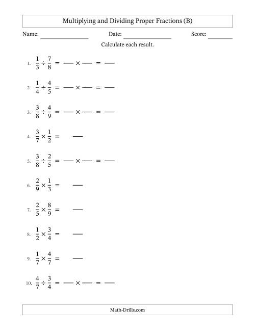 The Multiplying and Dividing Proper Fractions with No Simplifying (Fillable) (B) Math Worksheet