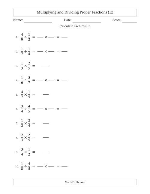 The Multiplying and Dividing Proper Fractions with No Simplifying (Fillable) (E) Math Worksheet
