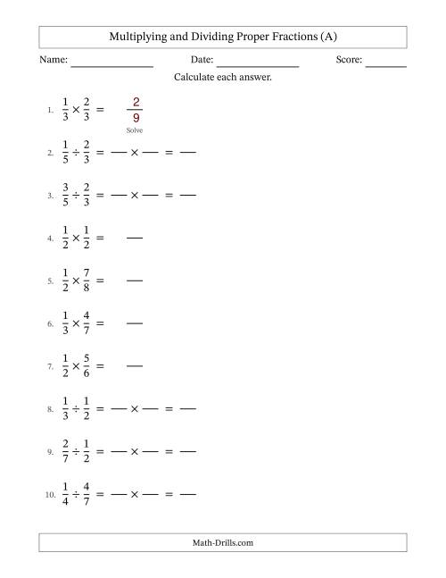 The Multiplying and Dividing Proper Fractions with No Simplifying (Fillable) (All) Math Worksheet